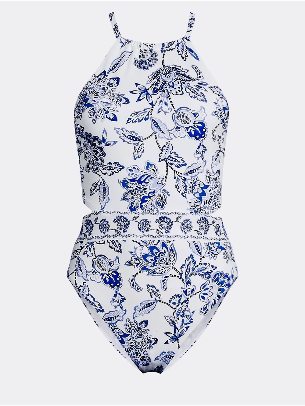 Lands' End White One-Piece Swimsuit with Blue Floral Print